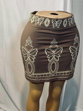 Brown Mini Skirt with Ivory Butterfly Motif